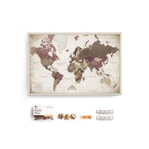 Carte du Monde Tableau P&ecirc;le-m&ecirc;le en Li&egrave;ge et Toile avec Punaises D&eacute;coration Murale 90 x 60 cm Design Moderne Finition Mate - Neuf