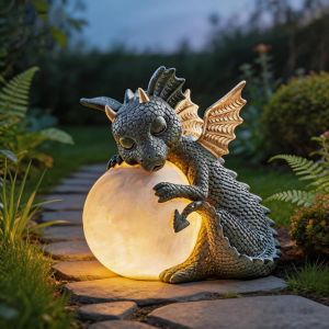 MEVRONISSHOP-Figure D&eacute;corative Dragon avec Lumi&egrave;re Ronde, D&eacute;coration pour L'Ext&eacute;rieur, Balcon et Jardin, Porte-Bonheur - Neuf