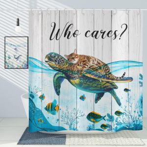 Rideau de Douche Chat drôle 165x180 cm,Chat de Tristesse drôle Tortue de mer Enfant Lavables Rideau de Douche en Textile imperméable pour Baignoire avec 12 Crochets - Neuf