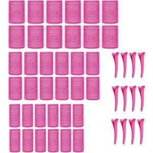 48 Bigoudis De Pi&egrave;ces Ens Gros Bigoudis Cheveux Avec Clips Rouleaux De Cheveux Auto Agrippants Bigoudi De Coiffure Boucle Sans Chaleur Curling Tool Pour Salon Coiffeur 45/35/25mm (Rose) - Neuf