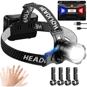 Lampe Frontale Led Rechargeable, Lampe De T&ecirc;te Lumineuse 20000 Lumens Avec Capteur Et Lumi&egrave;re Rouge, Focus R&eacute;glable 3 Modes D'&eacute;clairage Ip65 &Eacute;tanche R&eacute;glable &Agrave; 90&deg; Pour Le Jogging Camping - Neuf