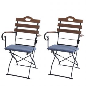 Lot De 2 Chaises De Terrasse Hwc-J40, Chaise Pliante, Qualit&eacute; Restauration, AcaciaMarron Clair, Coussin Bleu - Neuf