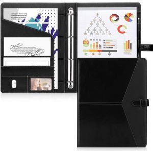 Porte Documents En Cuir Organiseur Multifonctionnel Dossier De Conf&eacute;rence A4 Conferencier Classeur Padfolio Avec 4 Anneaux De Feuilles Pour R&eacute;union,Bureau,&Eacute;cole,Noir - Neuf