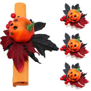 3 pcs (feuille d'érable de citrouille grimace + cercle en bois) Halloween grimace citrouille serviette anneau à la main feuille d'érable serviette boucle cercle créatif - Neuf