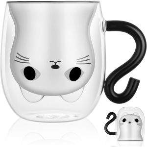 Eryi-Tasse Chat Noir Tasse À Café Double Paroi, Chat Tasse À Café Double Paroi 280 Ml, Tasse En Verre Pour Chaton, Pour Cappuccino, Latte Macchiato, Lait, Cadeau De Noël Valentin Anniversaire - Neuf
