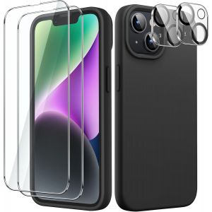 LORANKA-5 en 1 Coque Silicone pour iPhone 14 6,1 Pouces, avec 2 Protection D'&eacute;cran et Cam&eacute;ra Arri&egrave;re Protecteur, Film en Verre Tremp&eacute; &agrave; Couverture Compl&egrave;te, Housse &Eacute;tui Antichoc (Noir) - Neuf