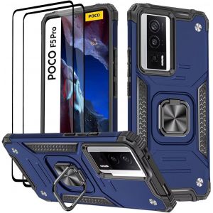 Kal-Coque Pour Xiaomi Poco F5 Pro 5g, Verre Trempé [2 Pièces] + Housse Tpu Silicone Rotation 360° Aimant Anneau Support Double Défense Protection Etui - Bleu - Neuf