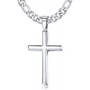 Trahoo-Collier Pendentif De Croix En Argent 925 Pour Homme Femme Avec Chaîne Figaro/Cubain En Acier Inoxydable De 5 Mm Taillée En Diamant Collier Croix 46-76 Centimètres - Neuf
