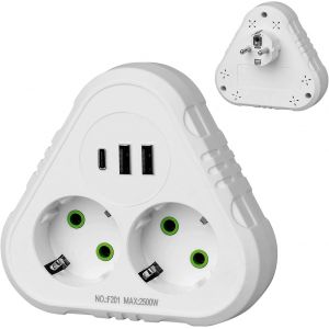SEPT-Multiprise Electrique (10A/2500W), Multiprise 2 Prises avec 2 Ports USB, 1Type-C, Bloc Multiprise Parafoudre et Surtension, Extension de Prise d'alimentation S&eacute;curis&eacute;e (Blanc) - Neuf