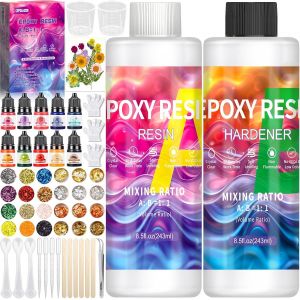 Resine Epoxy Transparente 2 Parties 243ml, Kit R&eacute;sine Epoxy Complet, Avec Colorant, Paillettes, Tasses &Agrave; Mesurer, Pour Bricolage Fabrication De Bijoux, Collier, Porte Cl&eacute;s - Neuf