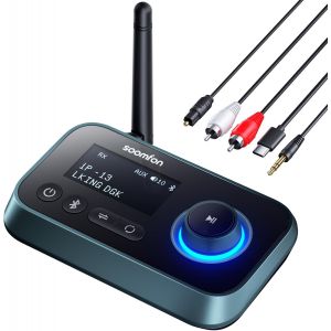 MEVRONISSHOP-metteur R&eacute;cepteur Bluetooth 5.0, 3 en 1 Adaptateur Audio Double Connexion, Recepteur Transmetteur Bluetooth AUX/RCA/Optique, Transmetteur R&eacute;cepteur vers TV/Casque/Enceintes/St&eacute;r&eacute;o - Neuf