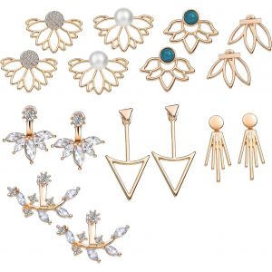 Kal-8 Paires De Boucles D'oreilles En Or Vintage Pour Femme Fille, Clous Creux En Fleur De Lotus, Boucle D'oreille En Cristal Uni Avant Arrière Bijoux De Mode Oriental Pour Cadeau D'anniversaire - Neuf