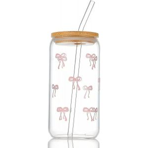 Tasses En Verre Esth&eacute;tiques Avec Couvercles Et Pailles - Tasse &Agrave; Caf&eacute; Glac&eacute;e &Agrave; Noeud Rose, Joli Gobelet Pour Smoothie Avec Brosse De Nettoyage, Cadeaux Pour Filles, Femmes Et Amis, 16 Oz - Neuf