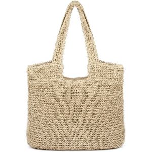 Sac en paille beige pour femme, fourre-tout à large bandoulière, sac de plage en paille tissée pour l'été - Neuf