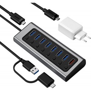Jgd-Hub Usb 3.0 &Agrave; 7 Ports Avec Port De Charge Bc 1.2, Chargeur Ultra Rapide Gan 45w Double Type C - Neuf