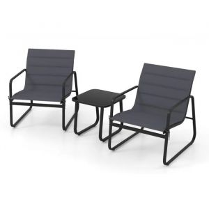 Costway Ensemble 3 Pi&egrave;ces Table Et Chaises De Jardin Ext&eacute;rieur, Coussins Amovibles, Plateau En Verre Tremp&eacute;, Si&egrave;ges Respirants - Neuf