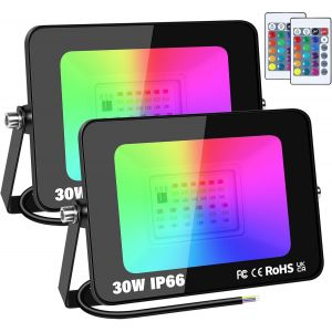 Dgbcz-2 Pack 30w Rgb Projecteur Led Extérieurs Avec Télécommande, Exterieur & Interieur 16 Couleurs 4 Modes Rgbw Lumière De Projecteur, Neon Spot Led Pour Jadin, Terrasse, Patio, Ip66 Étanche - Neuf