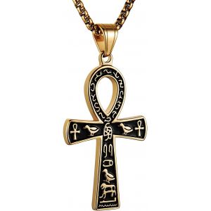 Kal-Grand Pendentif Croix Ankh En Acier Inoxydable Symbole Hi&eacute;roglyphique &Eacute;gyptien Antique 55 + 5,1 Cm Cha&icirc;ne - Neuf