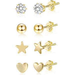 Senior-Lot De Boucles D'oreilles En Or Pour Femme - En Argent Sterling 925 Plaqué Or 14 Carats - Avec Zircone Cubique - Multipack - Boucles D'oreilles Pour Piercing Médical - Petite Boule - Coeur [L219] - Neuf