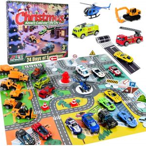 JEXNOVASHOP-Calendrier de l'Avent 2025 Voiture, 24 Pi&egrave;ces Calendrier de l'Avent Enfant, avec Carte Routi&egrave;re et Accessoires, V&eacute;hicules de Jeu, Jouet Cadeau de No&euml;l pour Gar&ccedil;ons Filles 3 4 5 6 7 Ans - Neuf