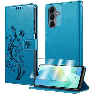 KALANKA-Coque pour Samsung Galaxy A17 avec 1 Verre Tremp&eacute;,1 Protection Camera,&Eacute;tuis Rabat [Housse en Cuir PU][Fentes pour Cartes][Pochette de Portefeuille][Stand Feature]- Bleu - Neuf