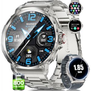 Montre Connectée Homme Avec 800 Mah Grande Batterie 1,85¿ Hd Cadran Rond Bluetooth Appels Smartwatch Homme Pour Ios Android,Pedometro,Calorie,100+ Modes Sport,Cadran Diy,Argenté Acier - Neuf