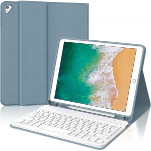 Coque Clavier pour iPad 6/5 EME Generation/Pro 9.7/Air 2/Air 1 9.7"", &Eacute;tui Keyboard AZERTY Fran&ccedil;ais Layout sans Fil Bluetooth Amovible avec Porte Crayon pour iPad 9.7 2018, Bleu Gris - Neuf