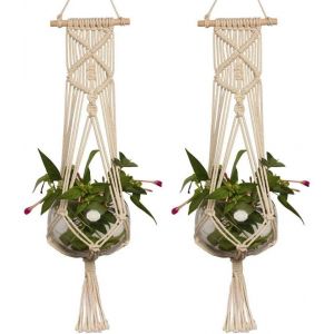 ERYI-2-Piece Jacquard Hanging Basket Pots De Plantes Tissés À La Main Support De Jardinière En Corde De Coton Pour Décoration Intérieure Et Extérieure (105 Cm) - Neuf