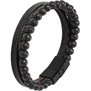 Eryi-Bracelet Cuir Homme, Bracelet Cuir Perles, Bracelet Triple En Cuir Avec Des Perles En Pierre Naturelle, Bracelet En Cuir Noir Marron Cuir Pour Homme, Bracelets Cadeau Homme - Neuf