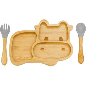 Kal-Ventouse Pour Bébés, Set Bébé Assiette Et Couverts Avec Base Solide En Silicone Amovible, Vaisselle Bébé De Haute Qualité,Cadeau Enfant Sans Bpa (Maverick_Gris) - Neuf