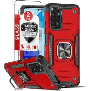 Kal-Coque Pour Xiaomi Redmi Note 11/Redmi Note 11s 4g(6.43"") Avec 2 X Verre Trempé, [Béquille 360° Rotatif] Militaire Renforcée Rigide Pc Et Tpu Silicone Protection Antichoc Etui Housse Rouge - Neuf