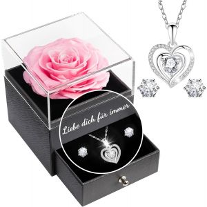 Rose Eternelle Avec Parure De Bijoux Brillante, Cadeau Anniversaire Femme,U201cje T'aime Pour ToujoursU201den Allemand Imprim&eacute; Sur La Bo&icirc;te, Cadeaux De Saint-Valentin Pour Elle,Vraie Rose - Neuf