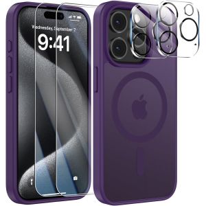 Magn&eacute;tique Coque Pour Phone Avec 2 Verres Tremp&eacute;s Et 2 Cam&eacute;ra Protecteur, Compatible Magsafe Anti-Jaunissement Dos Anti Rayures Coque Antichoc Tpu Bumper (Violet Fonc&eacute;, Iphone 15 Pro) - Neuf