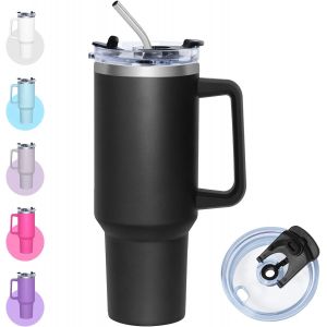 Eryi-Mug Isotherme Avec Paille, 1200ml Gourde Isotherme Avec Couvercle Multifonction, Tasse En Acier Inoxydable, Gobelet Café À Emporter Avec Poignée, Thermo Tumbler (Noir) - Neuf