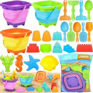 ERYI-24 Pièces Jouets De Sable Enfants Avec Seau De Plage Pliable, Sac En Filet, Pelle Plage, Moules À Sable, Jouets De Plage Pour 2 3 4 5 6 An, Cadeau Pour Fille Et Garçon - Neuf