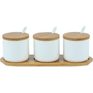 Ensemble 3 Pots &Agrave; &Eacute;pices C&eacute;ramique Blancs Avec Cuill&egrave;re - Neuf