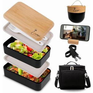 Boi&iquest;Te Bento Lunch Box Noir 2 E&iquest;Tages &Agrave; Compartiments Avec Bol, Couverts, Petit Sac Isotherme Et Support Te&iquest;Le&iquest;Phone En Bois Lunch Box Isotherme Pratique Pour Repas Au Travail - Neuf