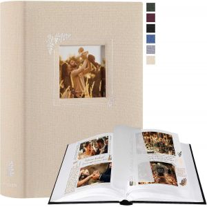 Album Photo Scrapbooking,Petit Lin conception de fen&ecirc;tre DIY Album 60 Pages Blanches Avec S&eacute;parateurs de Cellophane Pour 9x13cm 10x15cm 13x18cm Photos (19x27cm,Beige) - Neuf