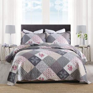Ulteronixshop-Couvre Lit Matelass&eacute; Couverture Patchwork Courtepointe,Dessus De Lit Luxe Parure De Lit (Gris, 240x260cm+50x90cm*2) - Neuf