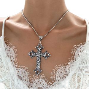 Trahoo-Collier Croix Gothique En Argent Grand Collier Croix Fleur Gravée Collier Pendentif Croix Religieuse Vintage Collier Chaîne À Maillons Italiens Bijoux Pour Femmes Hommes - Neuf