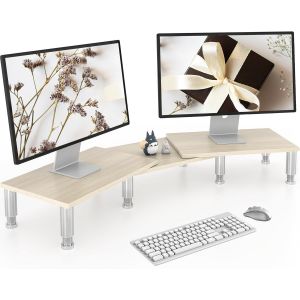 Support de moniteur double avec pieds en acier à hauteur réglable, support de moniteur en bois pour bureau, rehausseur de moniteur pour 2 moniteurs avec espace de rangement - Neuf