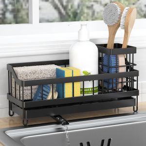 Tianyi-Organiseur D'évier De Cuisine, Porte-Éponge Avec Support De Brosse Haut, Antirouille Et Robuste, Antidérapant, Bec Verseur Auto-Drainant, Idéal Pour Garder Le Plan De Travail, Noir - Neuf