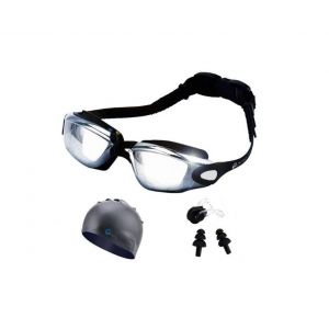 Ensemble Bonnet Et Lunettes De Natation Avec Pinces Pour Oreilles Et Nez - Noir - Neuf