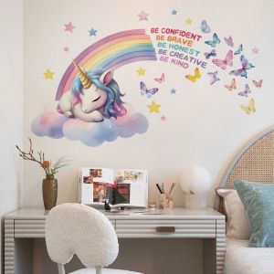 Autocollant Mural avec Licorne Arc-en-Ciel - Nuages et Papillons, Stickers Muraux pour Chambre de Fille Salle &agrave; Manger - Neuf