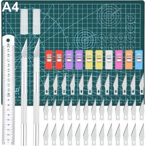 MEVRONISSHOP-Cutter de Pr&eacute;cision, Couteau pour Loisirs Cr&eacute;atifs Set, 2 Stylos Scalpel 42 Lames Tapis de D&eacute;coupe R&egrave;gle en Acier et 10 Clips, pour Sculpture, Arts de Bricolage - Neuf