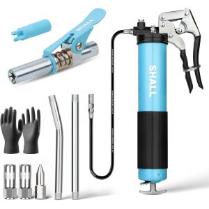 MEVRONISSHOP-SHALL Pistolet &agrave; graisse, kit de pistolet &agrave; graisse &agrave; poign&eacute;e pistolet robuste de 7 000 PSI, tuyau flexible &agrave; ressort de 18 po, 2 coupleurs renforc&eacute;s, 2 tuyaux rigides d'extension, buse - Neuf
