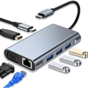 , Station d'accueil 12 en 1 avec HDMI 4K, VGA, 3*USB 2.0, USB3.0, USB C Data, PD3.0, Port Ethernet RJ45, SD/TF, 3.5mm AUX, Compatible avec MacBook Pro/Air, Plus de Périphériques Type C - Neuf