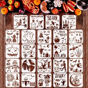 Trahoo-24 Pi&egrave;ces Halloween Th&egrave;me Pochoir Paint Stencils Set, R&eacute;utilisable Dessin Peinture Avec Fant&ocirc;me Citrouille Design, Bricolage Pochoirs Accessoire Pour Diy Mur Bois F&ecirc;te D&eacute;coration (15x15cm) - Neuf
