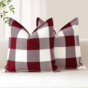 CAUC-Lot de 2 housses de coussin carr&eacute;es d&eacute;coratives &agrave; carreaux de buffle en lin avec bords cousus pour canap&eacute;, lit, salon, 60 x 60 cm (blanc et rouge) - Neuf
