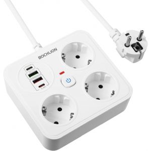 Multiprise avec 4 USB, 3 Prises Multiprise avec Interrupteur et Parafoudre, Prise Multiple Multiprises Murale avec PD20W et QC3.0, C&acirc;ble 1.8m 3250W/13A pour Bureau Cuisine-Blanc - Neuf